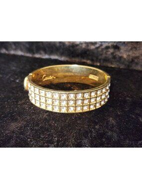 COACH Gold-Tone Quilted C Pavé Crystal Three-Row Hinged Bangle Bracelet EUC